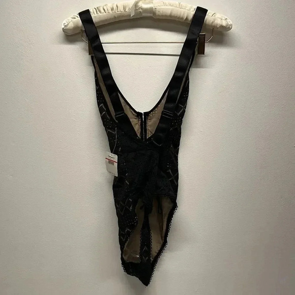 Free People Thank You Never Bodysuit Thong Lace See Thru Black Nwt New Size XS - Picture 9 of 11